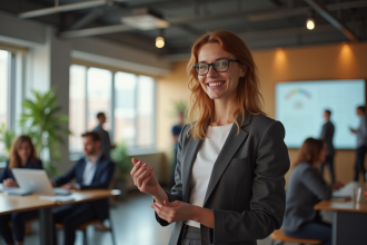 Professionnel confiant présentant une idée créative dans un bureau moderne
