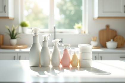 Trois groupes de produits de nettoyage sur un plan de travail lumineux