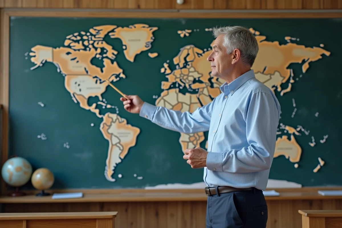Professeur de géographie pointant la superficie du Canada sur une carte murale comparée à la France en salle de classe
