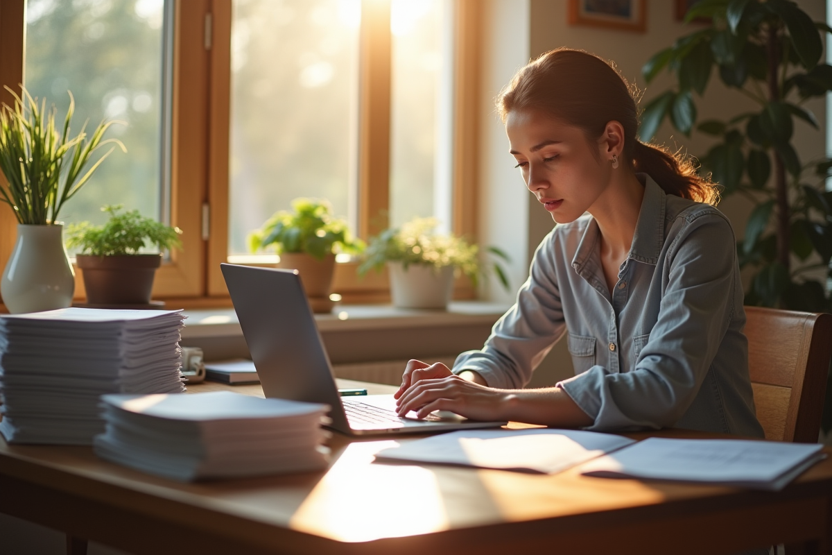 Jeune professionnel au matin à la maison avec documents
