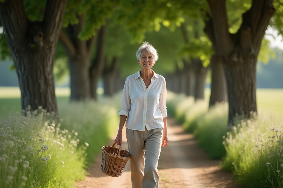 Femme se promenant sur un chemin creux boisé dans la campagne du Limousin près de Saint-Goussaud