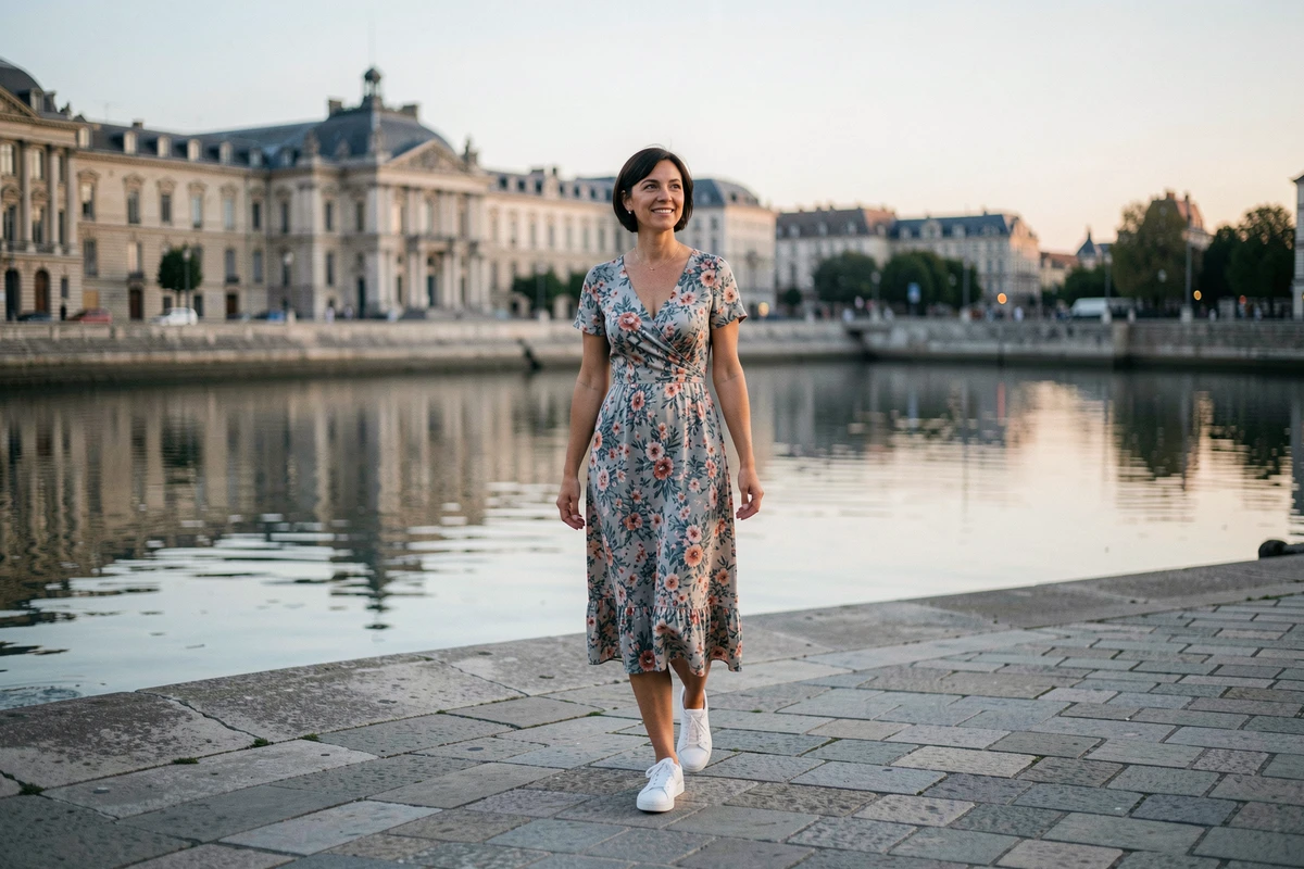 Femme se promenant seule le long des quais de Bordeaux lors d'une soirée de découverte de la ville
