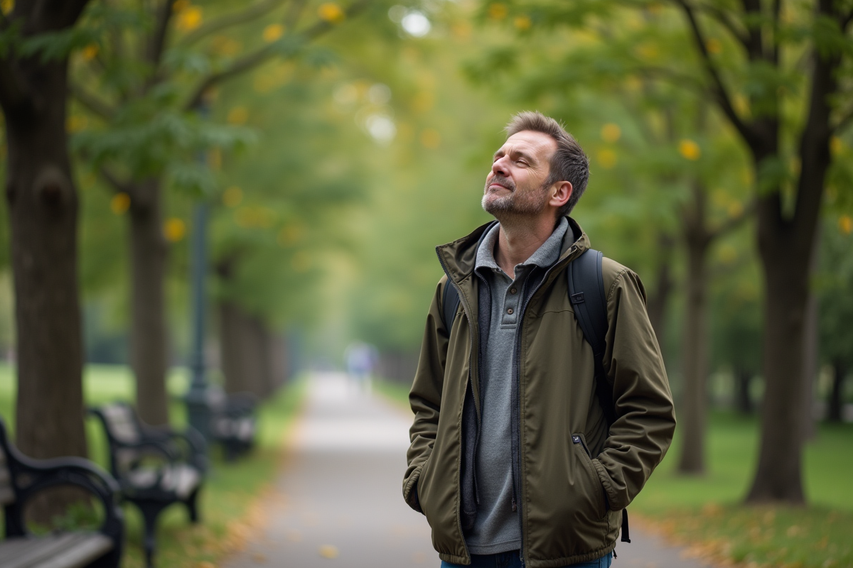 Homme en promenade dans un parc urbain tranquille