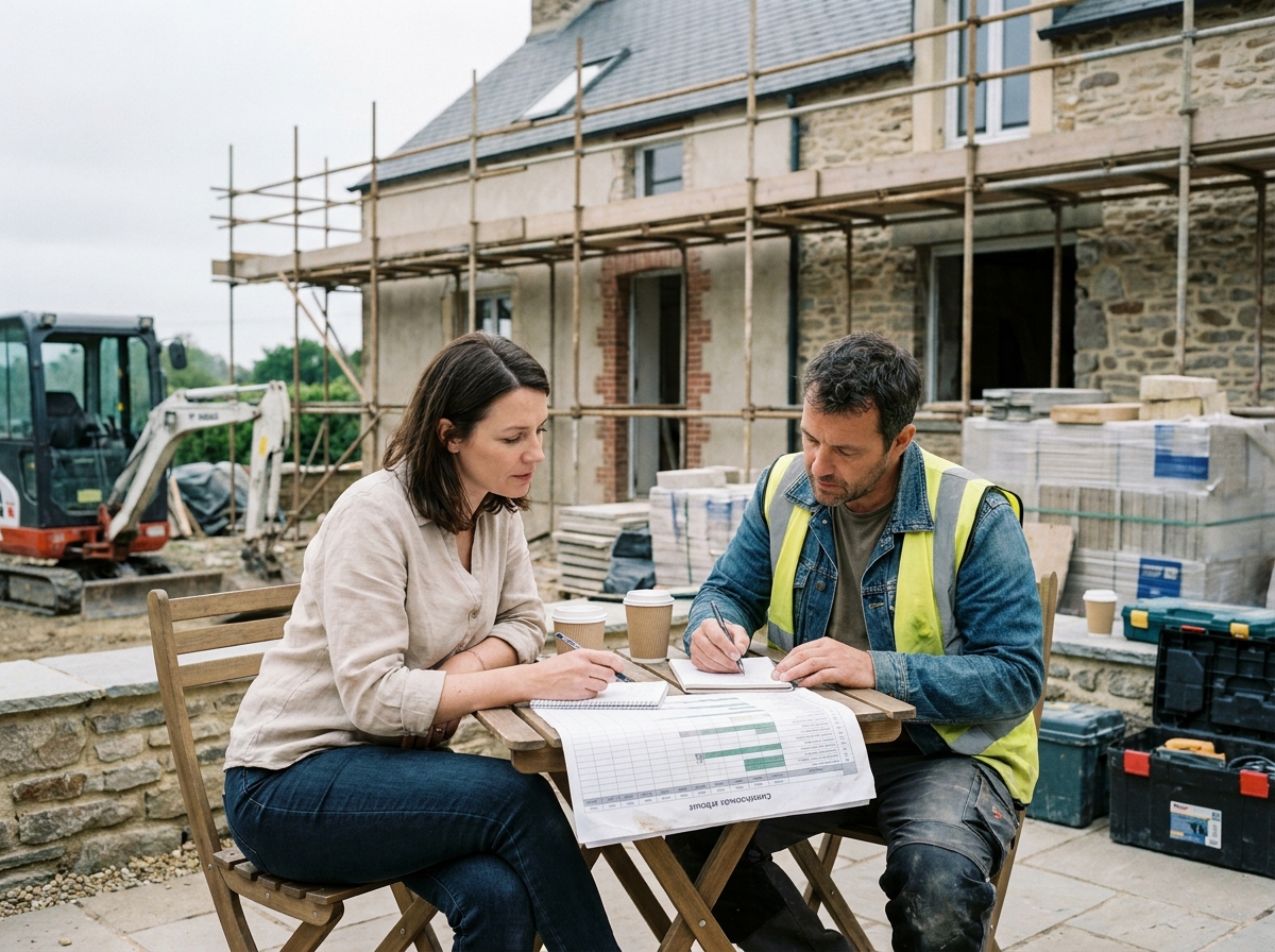 Propriétaire et artisan discutant du calendrier des travaux autour d'un planning imprimé devant une maison en rénovation