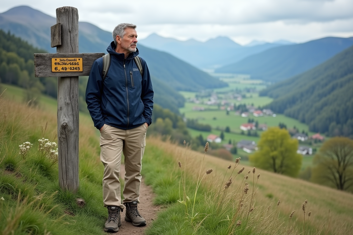 Homme en veste de randonnée près d'un panneau dans les Alpes