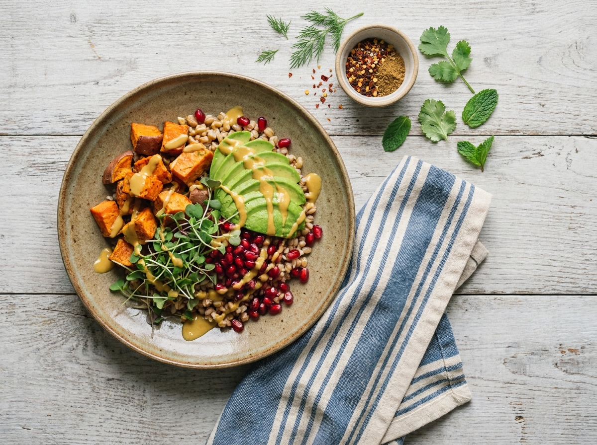 Vue aérienne d'un bowl coloré aux patates douces, avocat et grenade sur une surface en bois blanchi évoquant une recette estivale et dépaysante