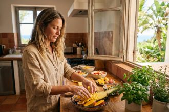 Femme préparant un bol de fruits tropicaux dans une cuisine rustique aux tons chauds pour donner un air de vacances à ses recettes