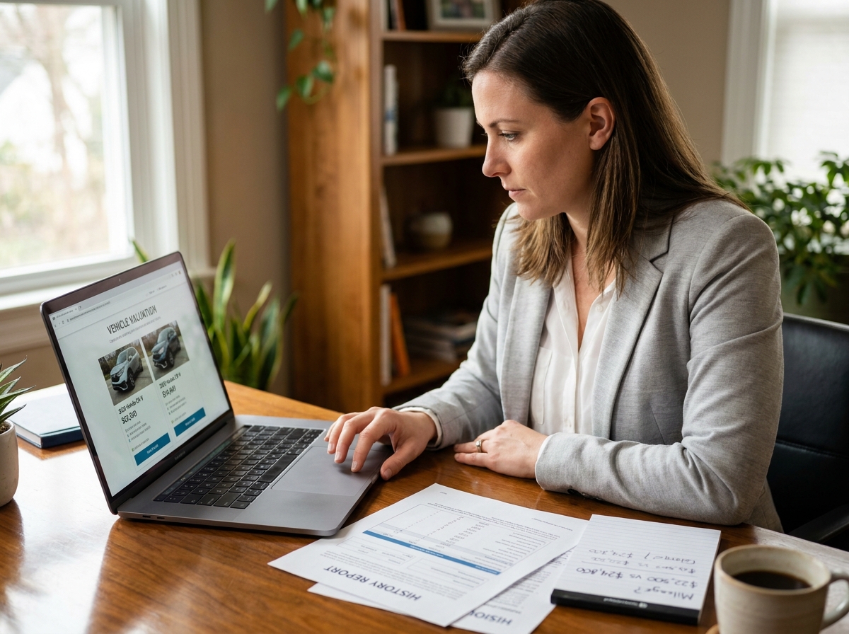 Une femme consulte des cotes automobiles sur son ordinateur portable, comparant deux annonces du même modèle de voiture à des prix différents