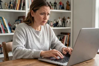 Femme frustrée devant son ordinateur portable essayant de récupérer son mot de passe Altaya Mon Compte