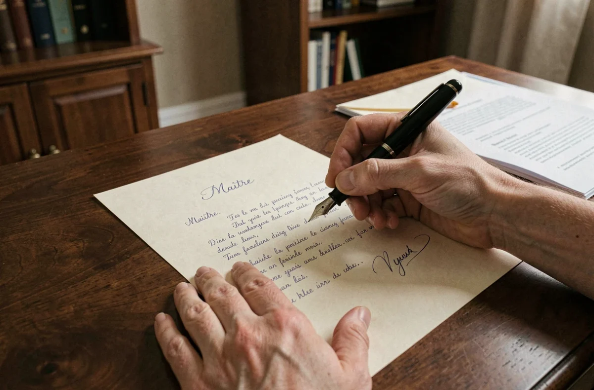 Gros plan de mains féminines rédigeant une lettre formelle adressée à Maître sur du papier crème avec un stylo plume, posée sur un bureau en bois avec des documents juridiques