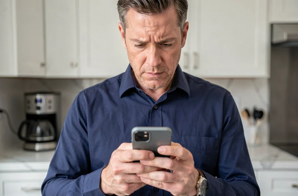 Homme consultant son smartphone pour réinitialiser son mot de passe sur le compte Altaya