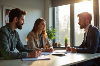 Jeune couple discutant avec un conseiller bancaire dans un bureau moderne