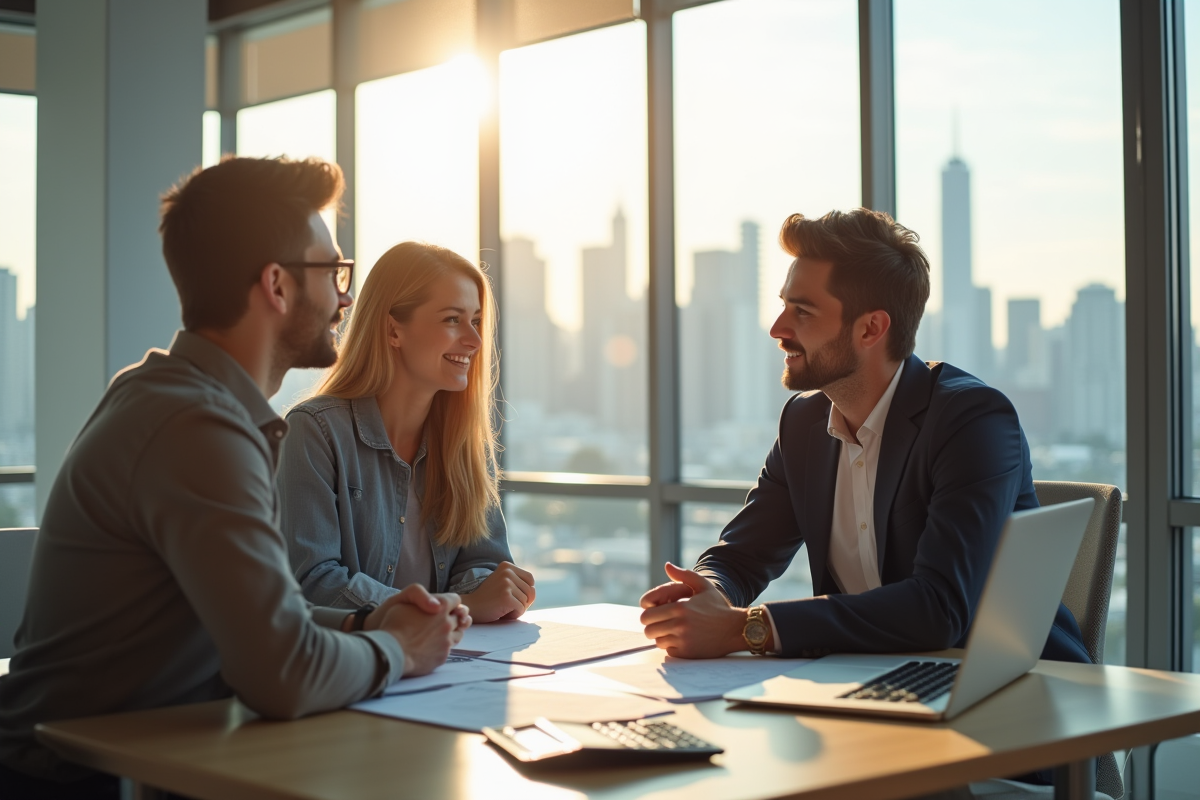 Jeune couple rencontrant un conseiller financier dans un bureau moderne