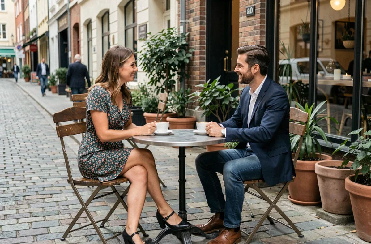 Deux personnes se rencontrant pour la première fois en terrasse de café après s'être connectées via une plateforme de rencontre en ligne