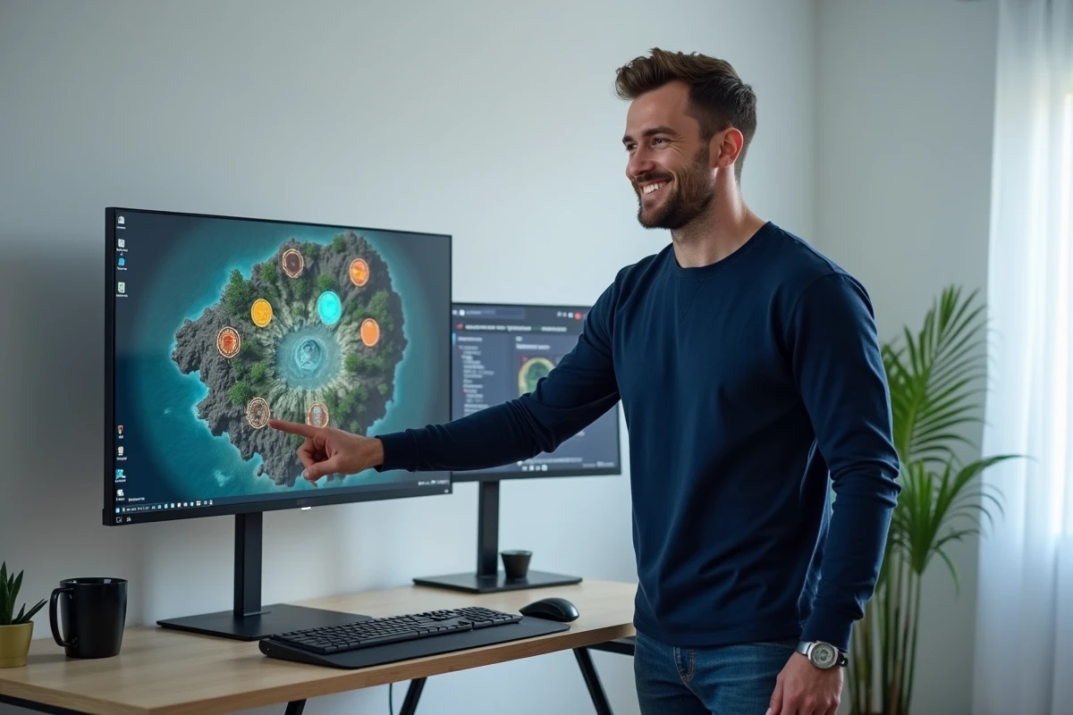 Homme debout pointant des portails sur une carte de jeu Dofus affichée sur grand écran