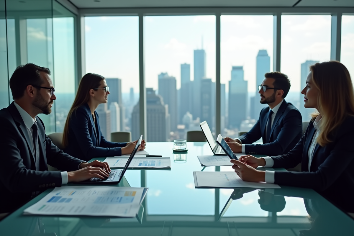 Groupe de professionnels en réunion d'affaires avec documents et tablettes
