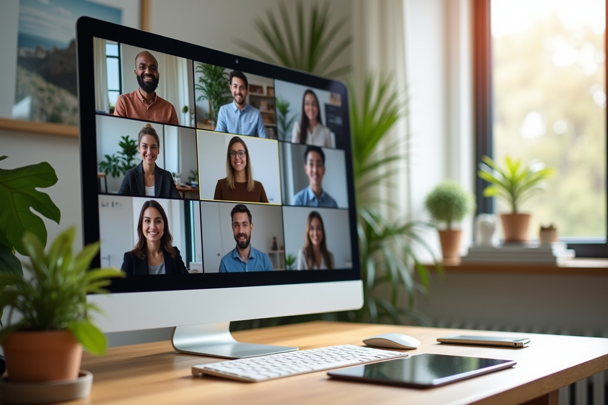 Groupe en visioconference sur grand écran dans un bureau lumineux