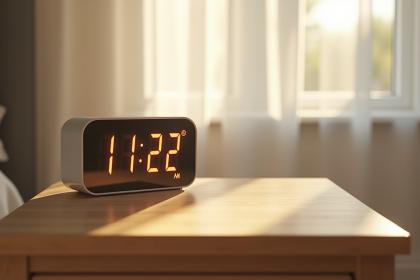 Réveil digital moderne sur table en bois clair en matinée