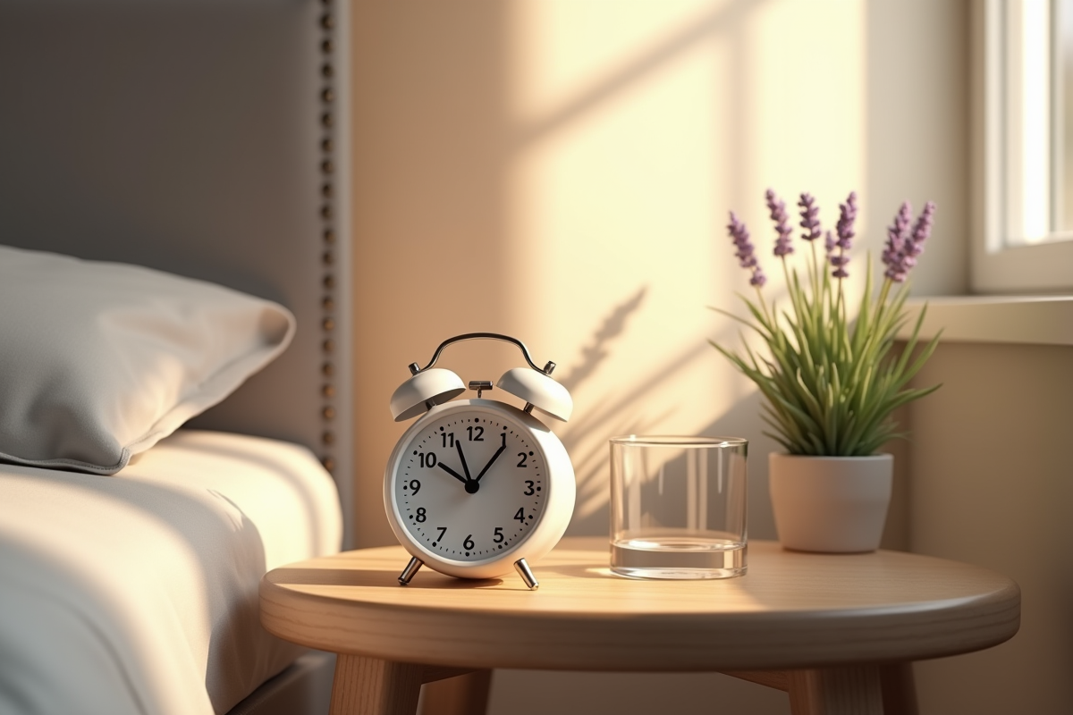 Réveil minimaliste avec horloge et plante de lavande