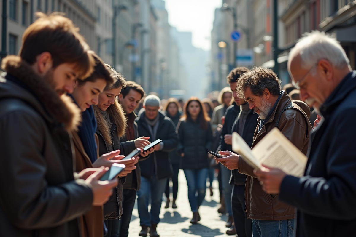 Jeunes et personnes âgées sur une rue animée contrastant styles vestimentaires
