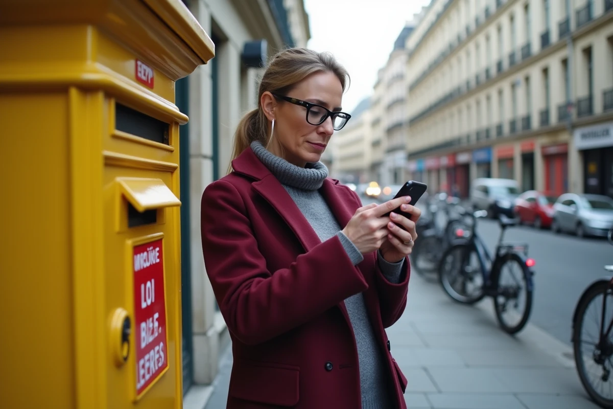 Femme scannant l'étiquette d'un colis Vinted avec son smartphone devant une boîte aux lettres La Poste dans une rue française