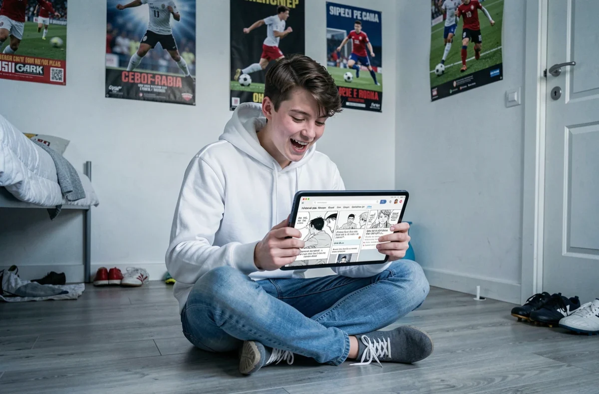 Adolescent lisant des scans de manga en français sur une tablette dans sa chambre avec des affiches de football