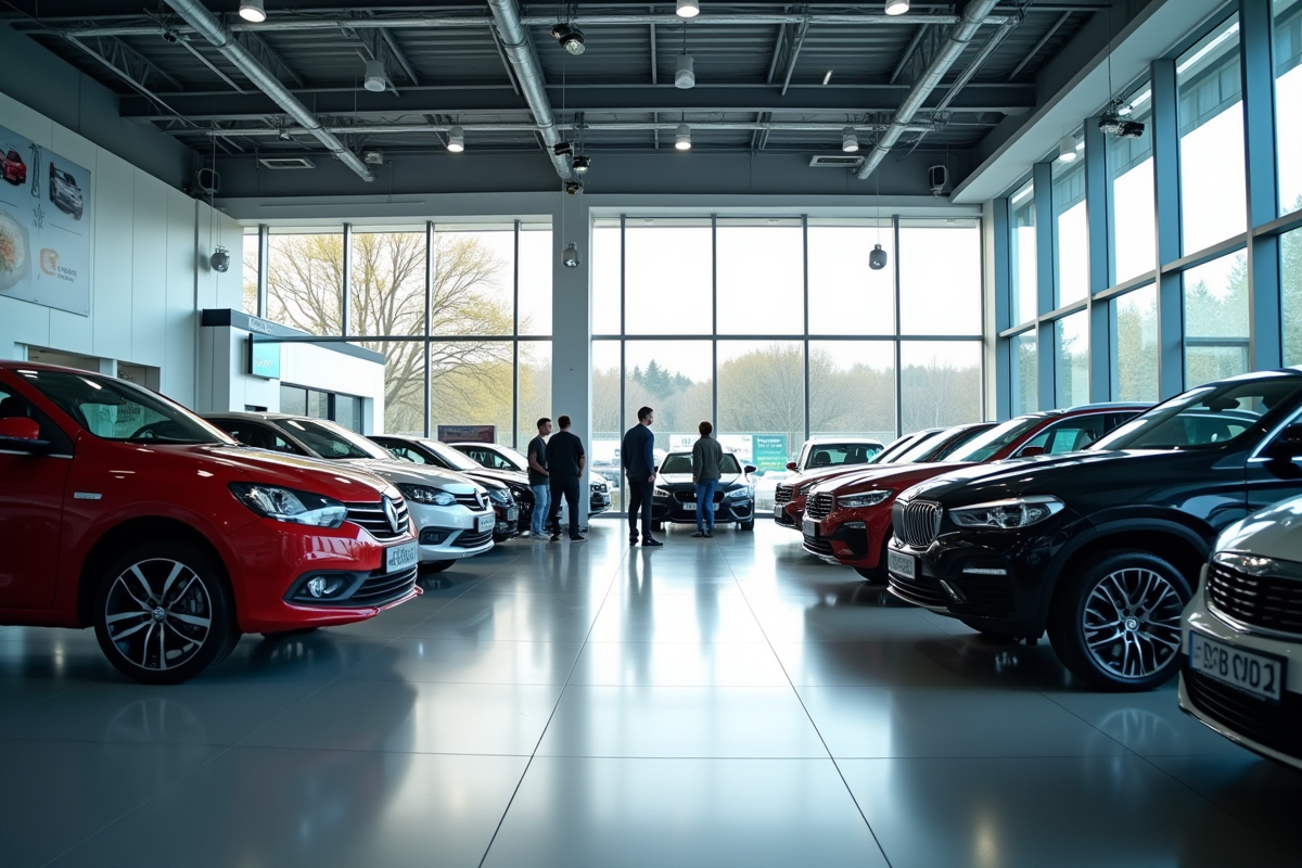 Showroom automobile allemand avec modèles populaires et clients