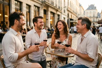 Groupe d'amis profitant d'une soirée animée en terrasse à Bordeaux avec des verres de vin local