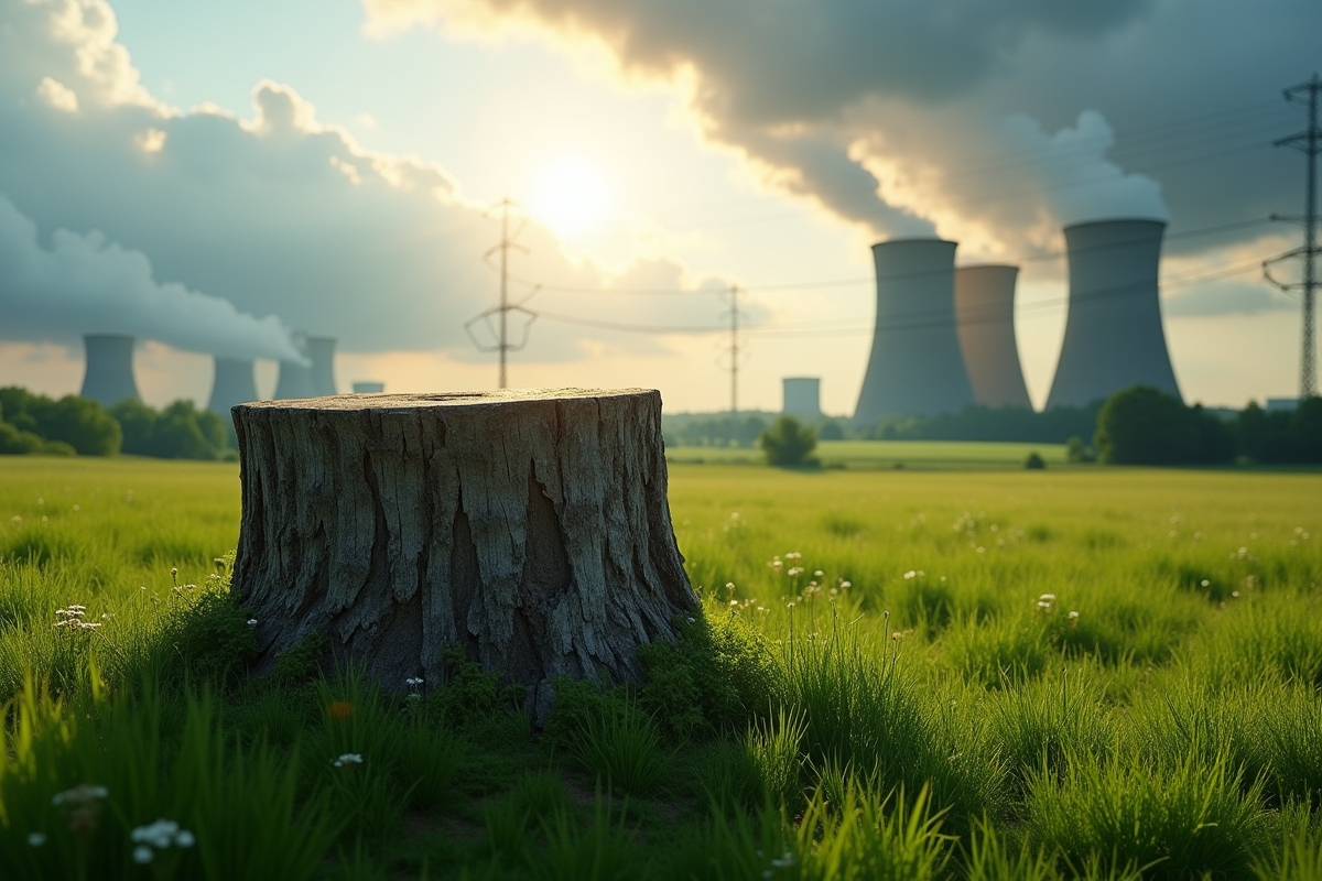 Souche d arbre dans un paysage vert avec une centrale en arriere plan