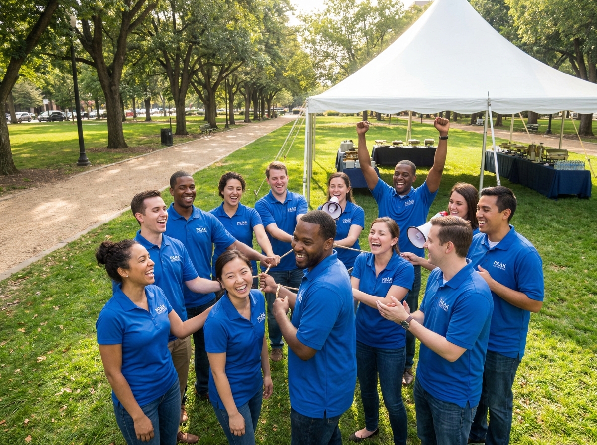 Employés participant à une activité de team-building en plein air dans un parc lors d'un événement d'entreprise