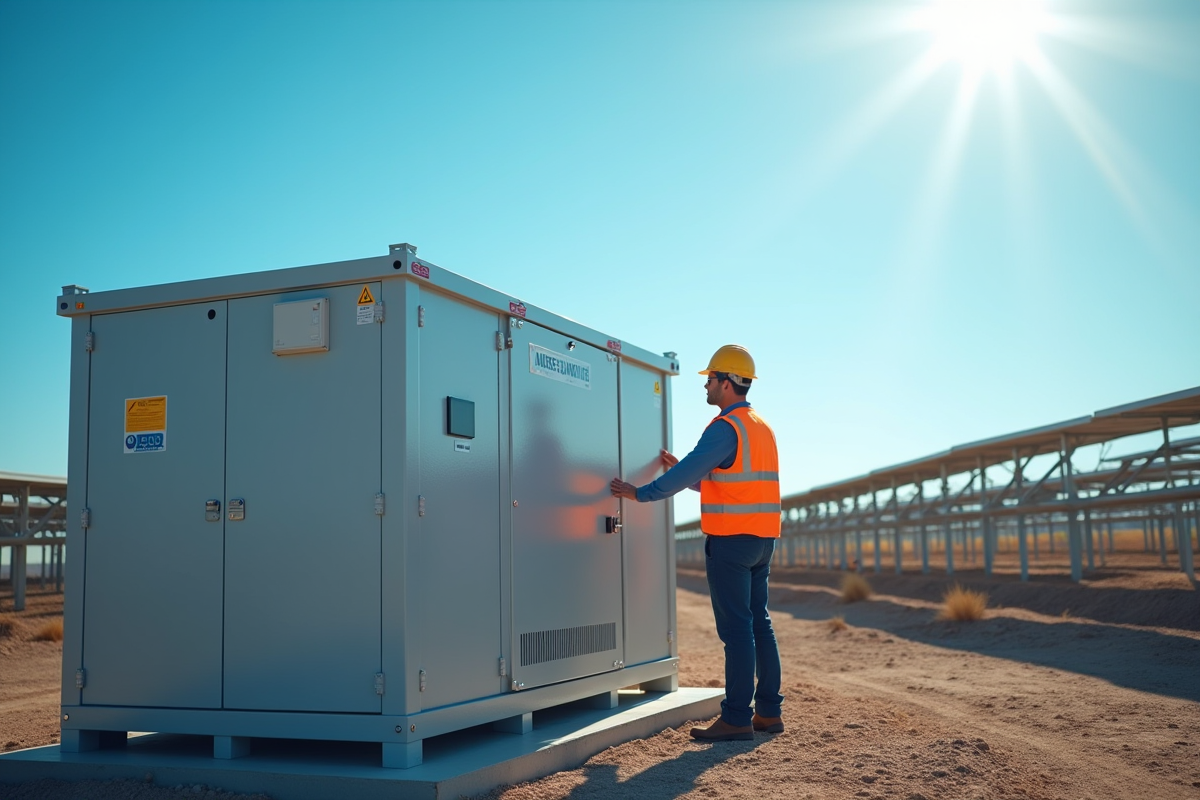 Ingénieur inspectant une grande batterie solaire en extérieur