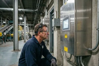 Technicien industriel inspectant un variateur de vitesse sur un tableau électrique en usine