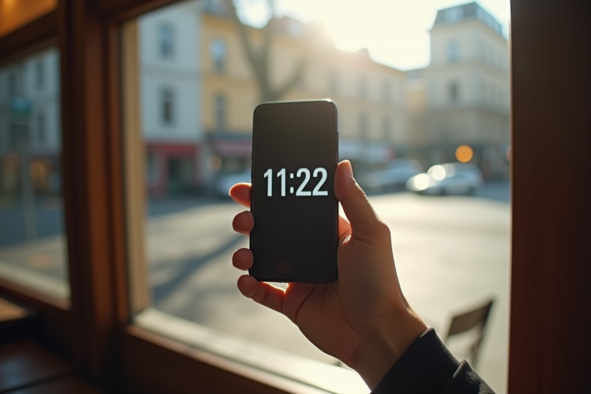 Main tenant un smartphone affichant 11h22 dans un café lumineux