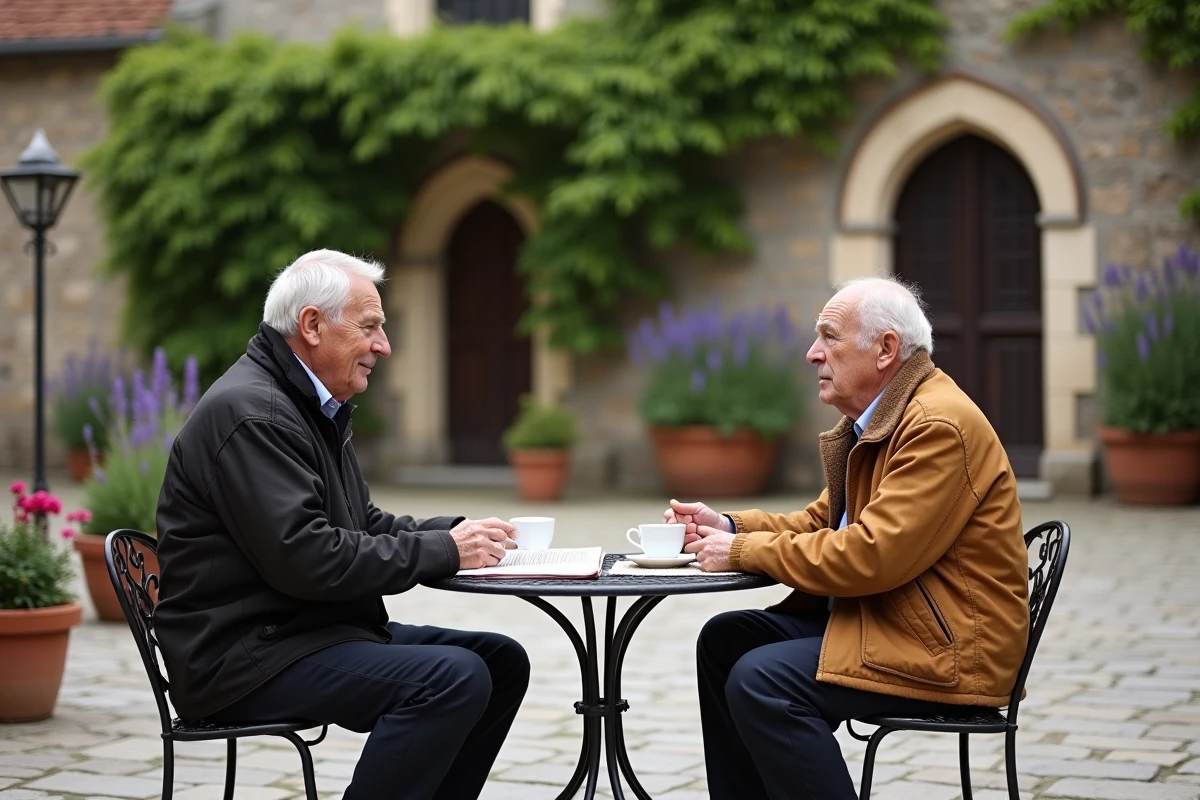 Deux hommes attablés en terrasse sur la place d'un village du Limousin, ambiance paisible et authentique de Saint-Goussaud