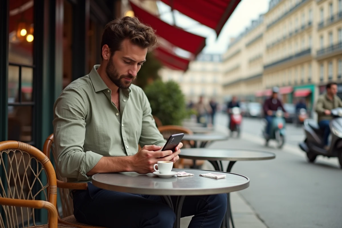 Homme en terrasse de café parisien dépassé par sa première visite à Paris, erreurs courantes des touristes débutants
