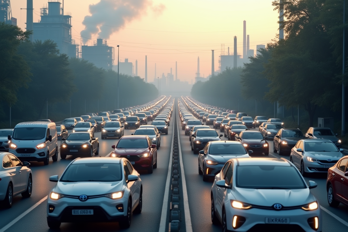 Trafic urbain avec voitures hydrogene et essence en pollution