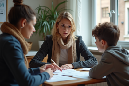 Assistante sociale française expliquant des documents à une mère et son enfant