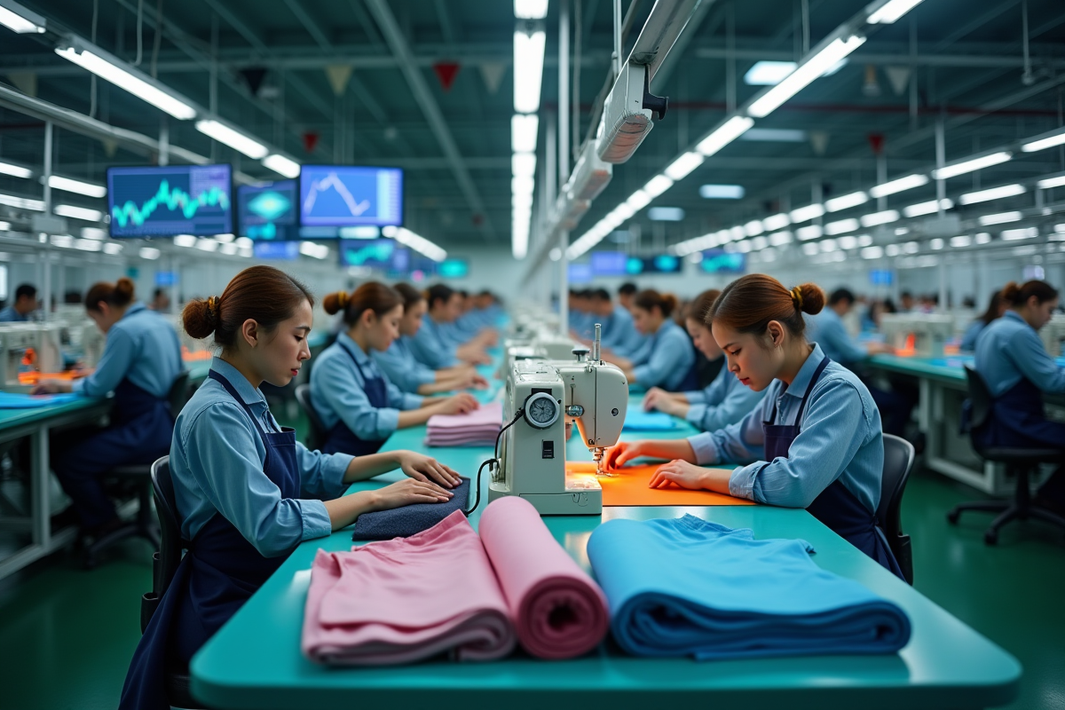 Travailleurs dans une usine textile avec machines et tissus colorés