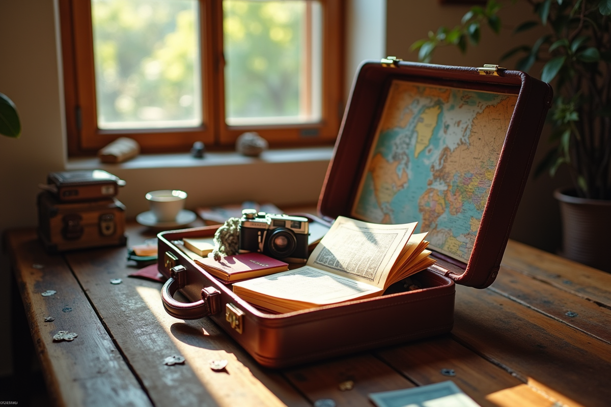 Valise vintage ouverte avec carnets et souvenirs de voyage