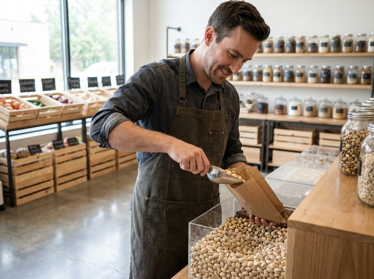 Vendeur en épicerie fine pesant des pistaches en vrac pour un client à la recherche de qualité