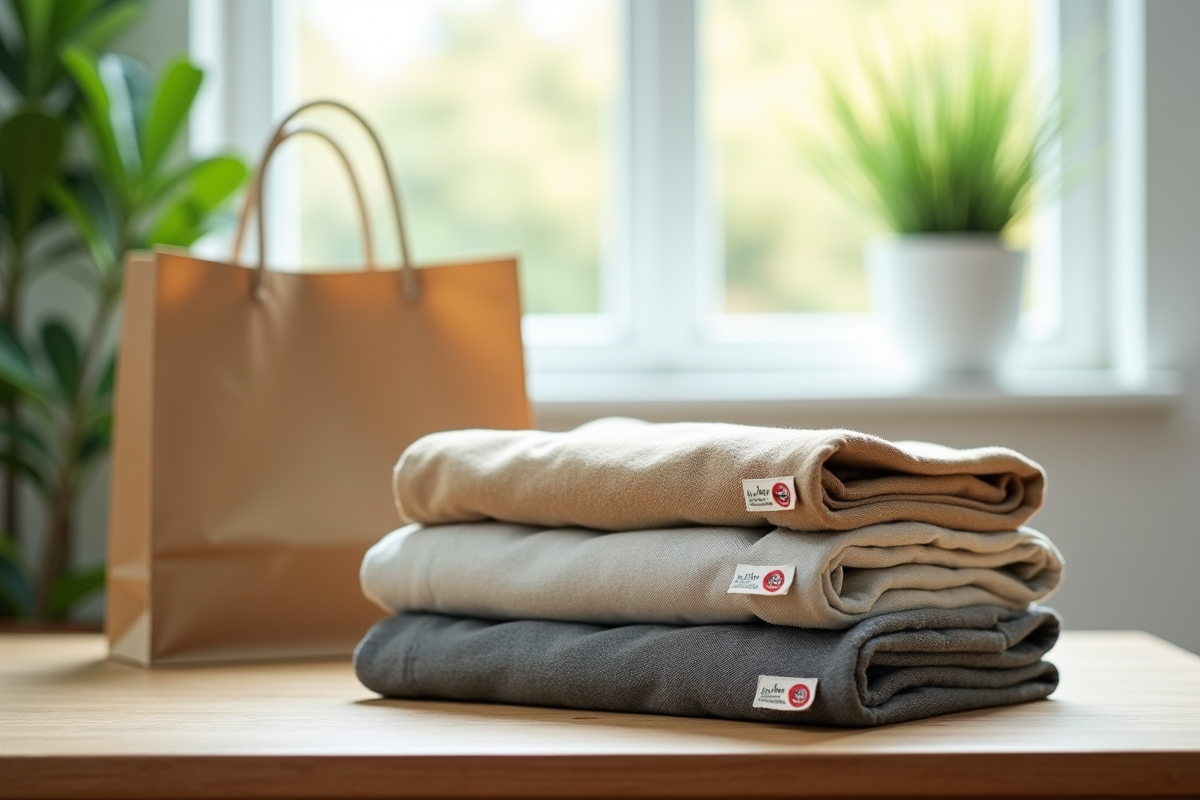 Vêtements écologiques pliés avec étiquettes bio sur une table en bois