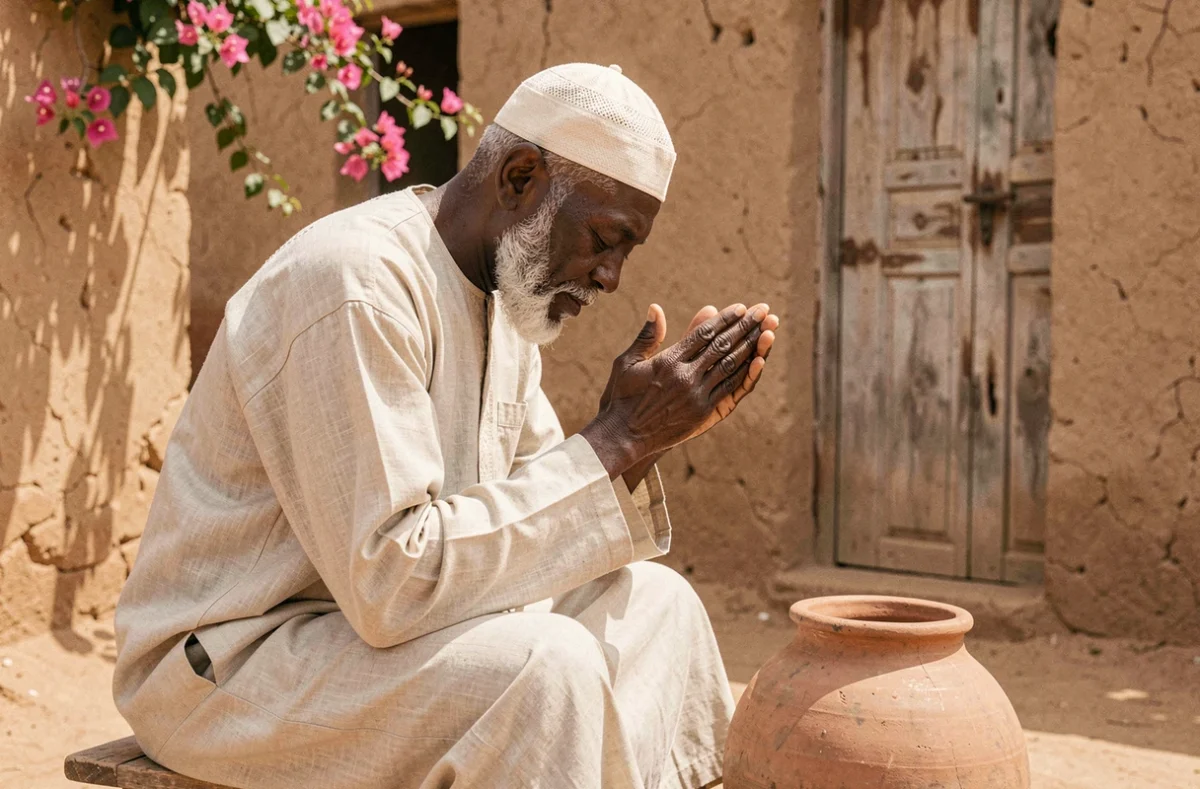 Vieil homme effectuant les ablutions rituelles devant un récipient d'eau traditionnelle dans un village africain