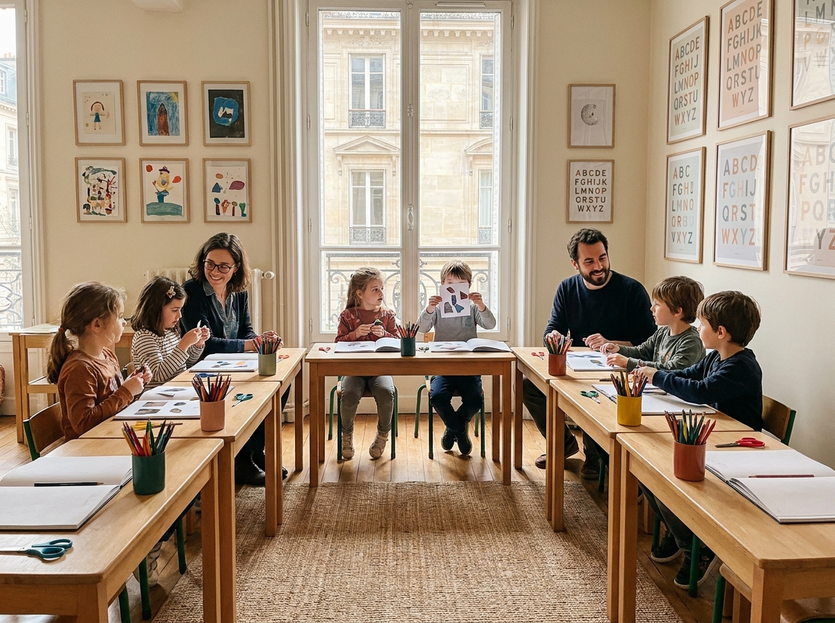 Vue d'ensemble d'un atelier créatif pour enfants avec moniteurs pédagogiques dans le 16e arrondissement de Paris