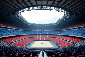 Vue intérieure panoramique de l'Accor Arena Paris montrant les différents secteurs de sièges en rouge et bleu vus d'en haut