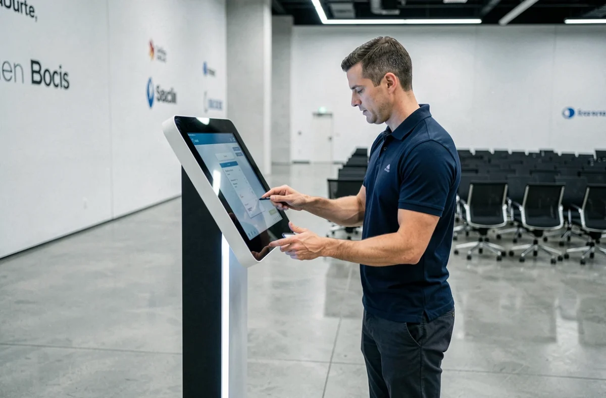 Technicien installant une borne d'enregistrement numérique pour un événement professionnel Weblib