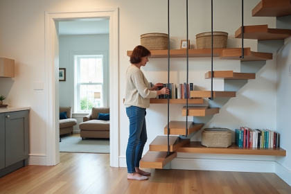 Femme organisée dans un salon moderne avec étagères